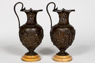 Pair, 19th C. French Bronze and Marble Ewers