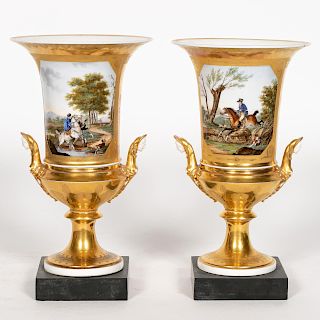 Pair, Old Paris Hunting Scene Figural Urns