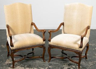 Pair, French Louis XIV Style Upholstered Armchairs