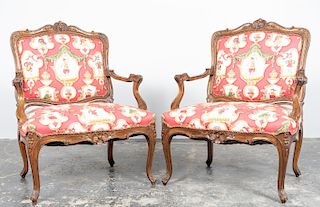 Pr., Louis XV Style Fanciful Upholstered Fauteuils