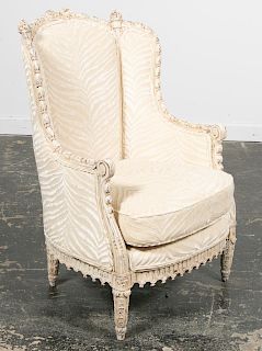 Louis XVI Style White Painted Upholstered Bergere
