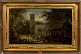 19th C. English Oil on Canvas Landscape w/ Figures