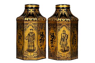 Pair, 19th C. English Chinoiserie Tea Canisters