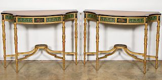 Pair, English Sheraton Style Gilt Painted Consoles
