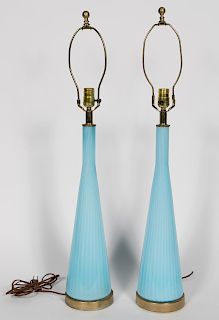 Pair, Attr. Empoli Murano Light Blue Glass Lamps