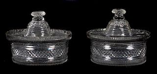 Pair, Anglo-Irish Cut Glass Lidded Butter Tubs