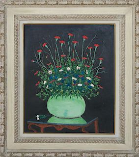 Jean Busquets Oil on Canvas "Red Dianthus in Green Bowl Still Life"