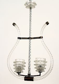 MURANO GLASS BRASS LYRE FORM CHANDELIER C.1940