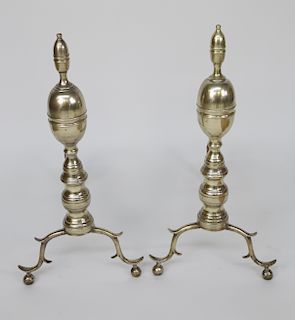 Pair of New York Brass Double Lemon Top Andirons, circa 1820