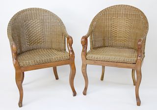 Pair of Woven Wicker and Carved Wood Signet Curved Back Tub Chairs