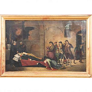 Anónimo. Muerte de Napoleón. Óleo sobre tela. Enmarcado en madera dorada. 37 x 57 cm.