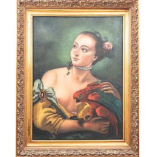 Anónimo. Dama con ave. Óleo sobre tela. Enmarcada en madera dorada. 74 x 54 cm.