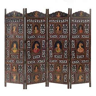 Biombo. Origen oriental. Siglo XX. Diseño calado. Estilo hindú. En talla de madera policromada. 4 paneles. 180 x 200 x 3 cm.