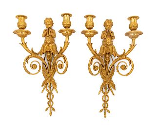 A Pair of French Gilt Bronze Two-Light Sconces