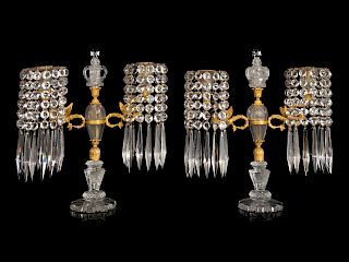 A Pair of Charles X Gilt Bronze Mounted Cut Crystal Two-Light Candelabra