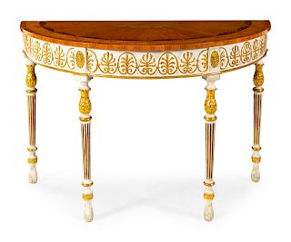 A George III Style Marquetry, Painted and Parcel Gilt Console Table