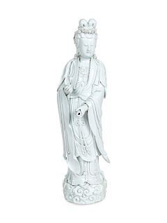 A Large Chinese Blanc-de-Chine Porcelain Figure of Guanyin