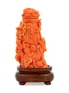 A Carved Coral Figural Vase