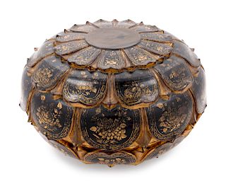 A Large Japanese Parcel Gilt and Black Lacquered Lotus-Form Box and Cover 