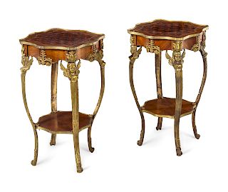A Pair of Louis XV Style Gilt Bronze Mounted Parquetry Side Tables