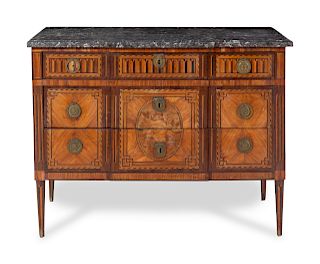 A Louis XVI Marquetry Marble-Top Commode