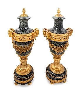 A Pair of Louis XVI Style Gilt Bronze and Marble Urns 