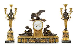 An Empire Style Gilt, Patinated Bronze and Marble Clock Garniture