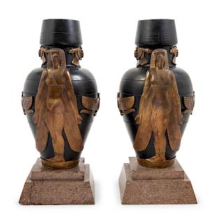 A Pair of French Egyptian Revival Gilt and Patinated Bronze Urns