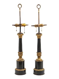 A Pair of Charles X Gilt and Patinated Bronze Lamps