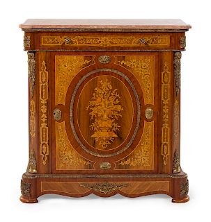A Napoleon III Style Gilt Bronze Mounted Marble-Top Marquetry Cabinet