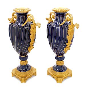 A Pair of Sevres Gilt Bronze Mounted Porcelain Vases