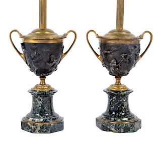A Pair of Grand Tour Bronze and Marble Urns Mounted as Lamps
