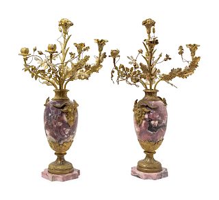 A Pair of Gilt Bronze Mounted Marble Five-Light Candelabra