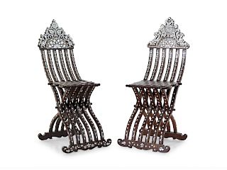 A Near Pair of Ottoman Syrian Mother-of-Pearl Inlaid Chairs
 