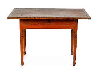 A Federal Red-Stained and Turned Maple and Pine Scrubbed-Top Tavern Table