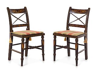 A Pair of Classical Grain-Painted and Stencil Decorated Cane-Upholstered Side Chairs