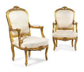 A Pair of Louis XV Style Giltwood Fauteuils