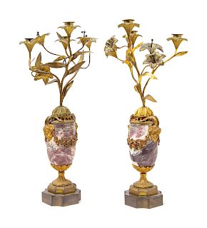 A Pair of Neoclassical Gilt Bronze Mounted Marble Three-Light Candelabra