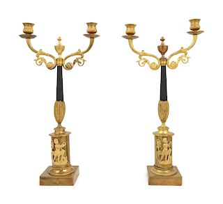 A Pair of Empire Style Gilt and Patinated Bronze Two-Light Candelabra 
