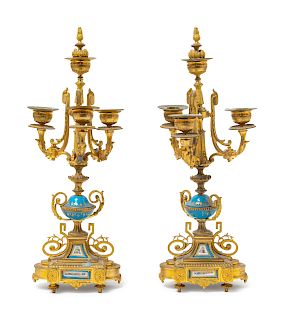A Pair of Napoleon III Gilt Bronze and Sevres Style Porcelain Three-Light Candelabra