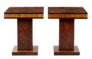 A Pair of Art Deco Burl Walnut and Lacquer Side Tables