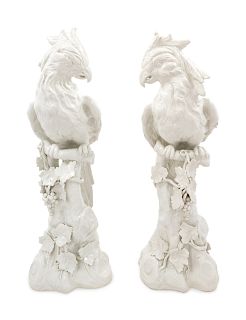 A Pair of Italian Blanc-de-Chine Porcelain Parrots 