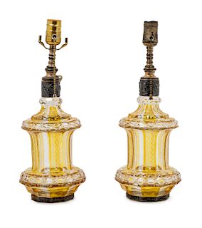 A Pair of Bohemian Amber Cut to Clear Glass Jars Mounted as Lamps
Height of jars 10 inches.
