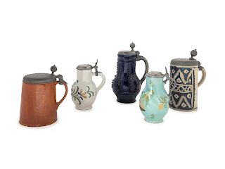 A Collection of Dutch and Other Pewter Mounted Tankards
Height of tallest 14 1/2 inches.