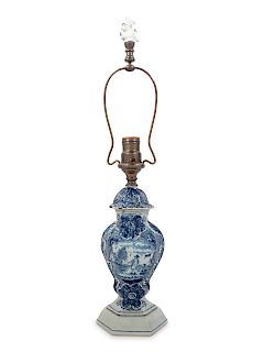 A Delft Vase and Cover Mounted as a Lamp
Height overall 22 inches.