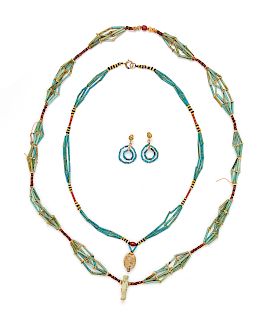 An Egyptian Faience Beaded Necklace with a Faience Amulet and an Associated Pair of Earrings and Necklace