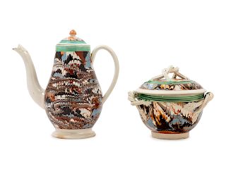 A Staffordshire Marble Creamware Coffee Pot and a Leeds Mochaware Covered Sugar Bowl