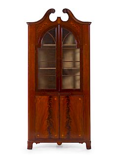 A George III Style Mahogany and Marquetry Corner Cabinet