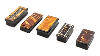 Five Carved Horn and Tortoise Shell Inlaid Snuff Boxes 