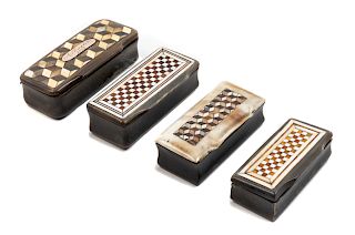 Four Carved Horn and Parquetry Snuff Boxes 